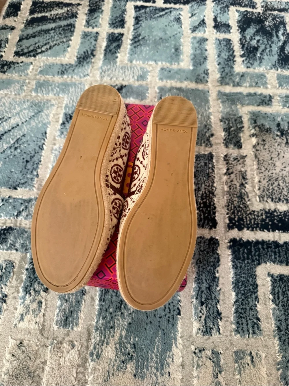 Tory Burch Cream Canvas Espadrilles with Burgundy Logo Pattern